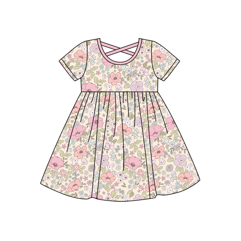 MOQ 8 Preorder GSD2814 Easter Bunny Floral Short Sleeve Dresses for Girls 202509