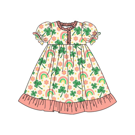 MOQ 8 Preorder GSD2816 St. Patrick's Day Four-Leaf Clover Rainbow Flower Star Ruffle Short Sleeve Dresses for Girls 202509