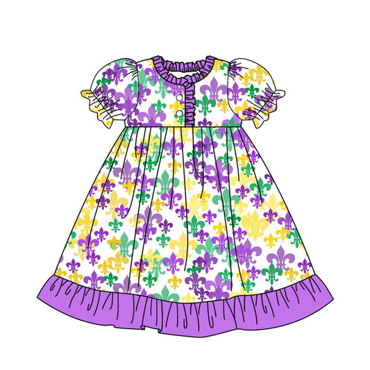 MOQ 8 Preorder GSD2817 Mardi Gras Purple Ruffle Puff Short Sleeve Dresses for Girls  202509