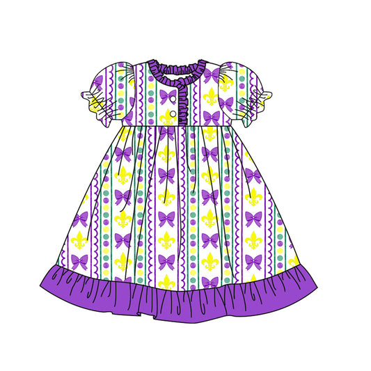 MOQ 8 Preorder GSD2825 Mardi Gras Bows Purple Ruffle Puff Short Sleeve Dresses for Girls  202509