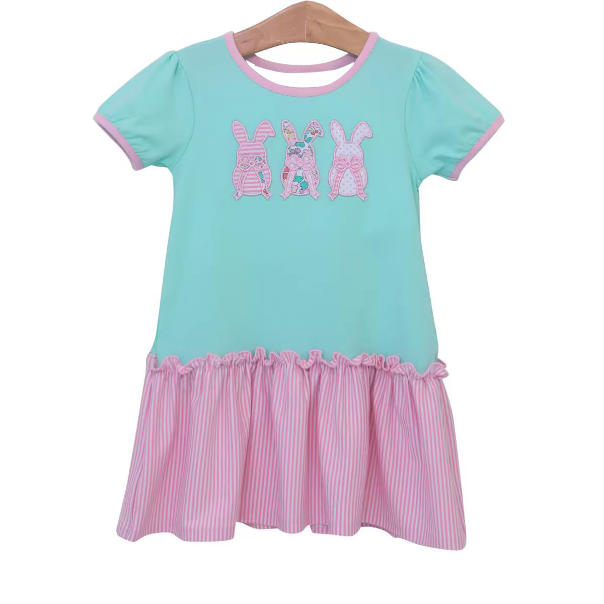 MOQ 8 Preorder GSD2827 Easter Bunny Pink Stripe Short Sleeve Dresses for Girls 202509