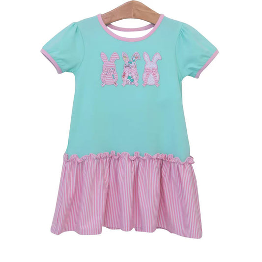 MOQ 8 Preorder GSD2827 Easter Bunny Pink Stripe Short Sleeve Dresses for Girls  202509