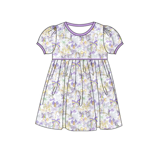 MOQ 8 Preorder GSD2828 Bows Pattern Purple Short Sleeve Dresses for Girls 202509