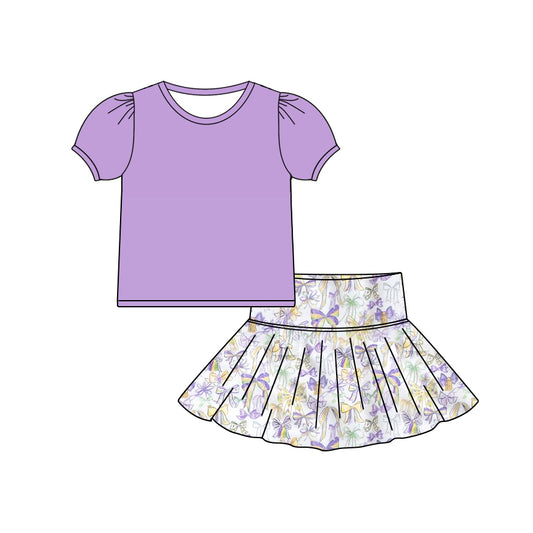 MOQ 8 Preorder GSD2829 Pure Purple Short Sleeve Top Bows Pattern Skirts Sets for Girls 202509