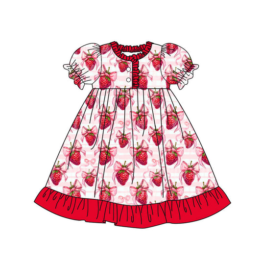MOQ 8 Preorder GSD2830 Bows Strawberry Pattern Red Ruffle Short Sleeve Dresses for Girls 202509