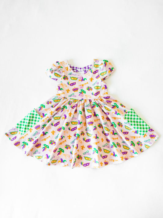 MOQ 8 Preorder GSD2831 Mardi Gras Plaid Pocket Short Sleeve Dresses for Girls  202509