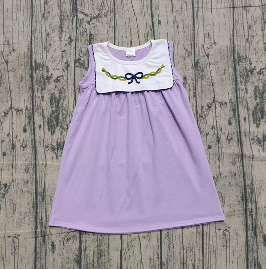 NO MOQ Preorder GSD2832 Embroidered Mardi Gras Bow Sleeveless Purple Dresses for Girls  202510