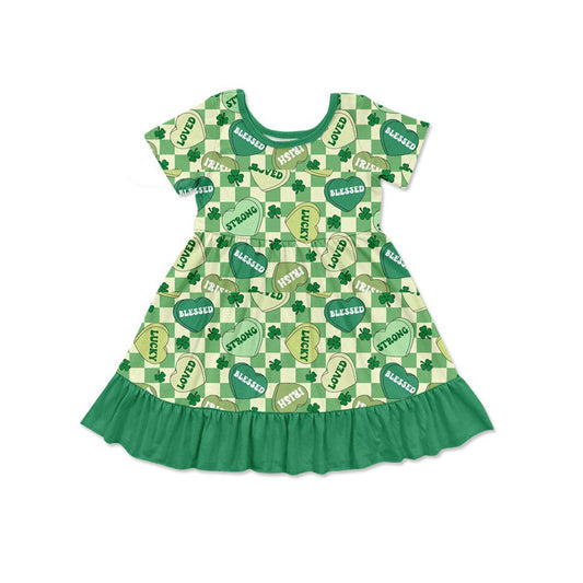 MOQ 8 Preorder GSD2839 St. Patrick's Day Four-Leaf Love Green Ruffle Short Sleeve Dresses for Girls  202509