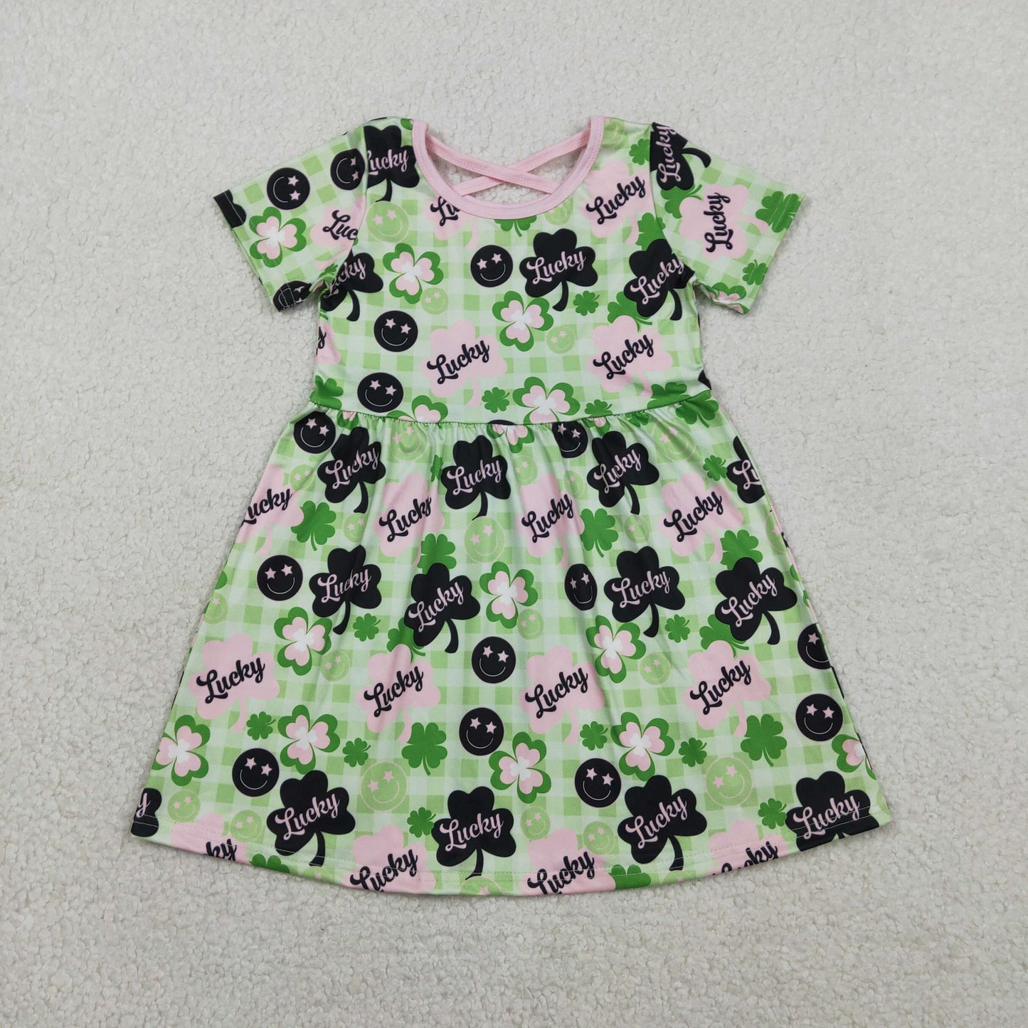 GSD2840 St. Patrick's Day Four-Leaf Plaid Green Short Sleeve Dresses for Girls 202601 RTS
