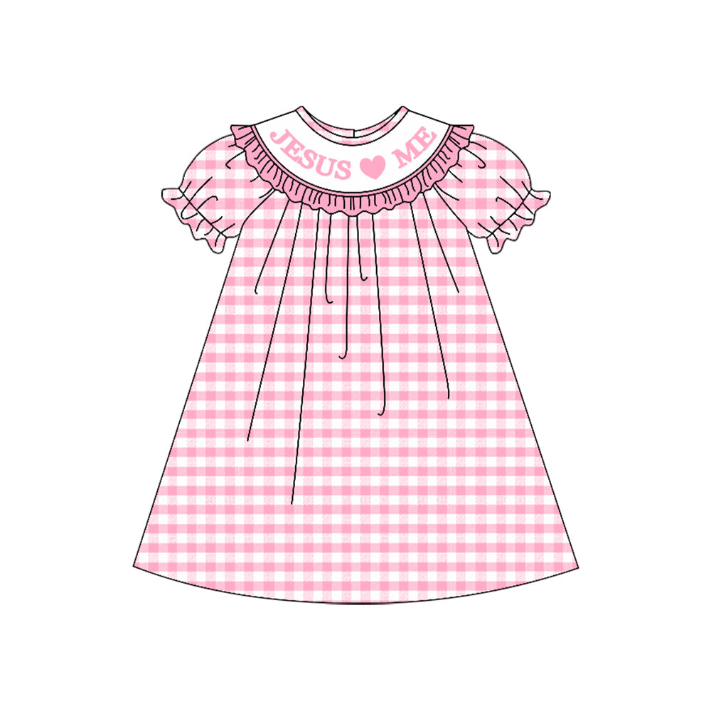MOQ 8 Preorder GSD2846 Easter Jesus Love Me Pink Ruffle Plaid Short Sleeve Dresses for Girls 202509