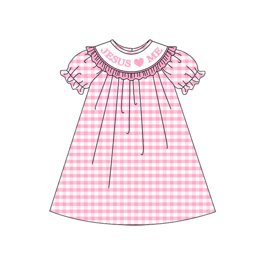 MOQ 8 Preorder GSD2846 Easter Jesus Love Me Pink Ruffle Plaid Short Sleeve Dresses for Girls  202509