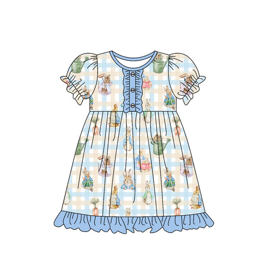 MOQ 8 Preorder GSD2847 Easter Bunny Blue Ruffle Plaid Short Sleeve Dresses for Girls  202509