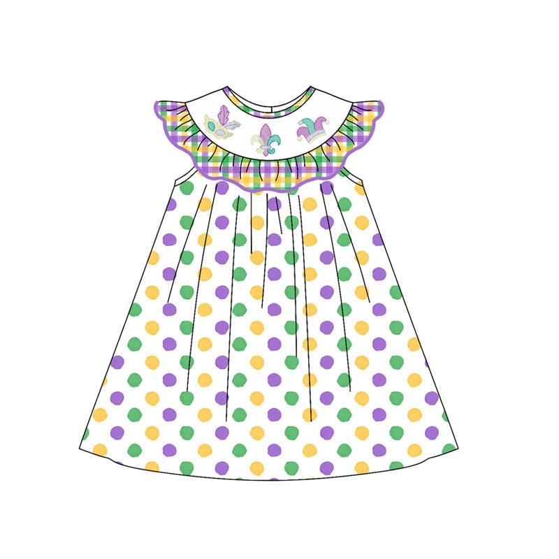 MOQ 8 Preorder GSD2848 Mardi Gras Ruffle Dots Flying Sleeve Dresses for Girls  202509
