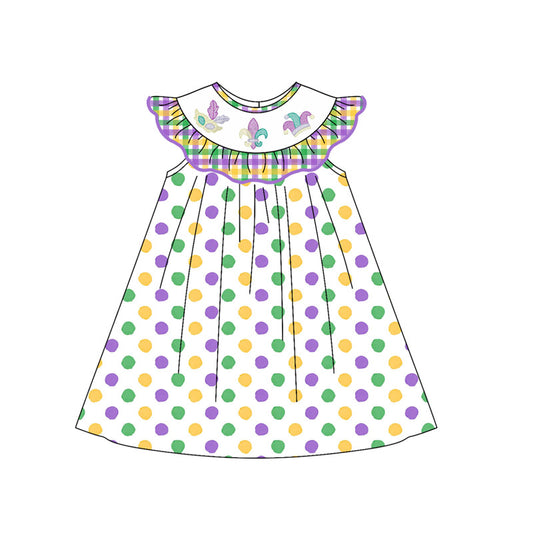 MOQ 8 Preorder GSD2848 Mardi Gras Ruffle Dots Flying Sleeve Dresses for Girls  202509