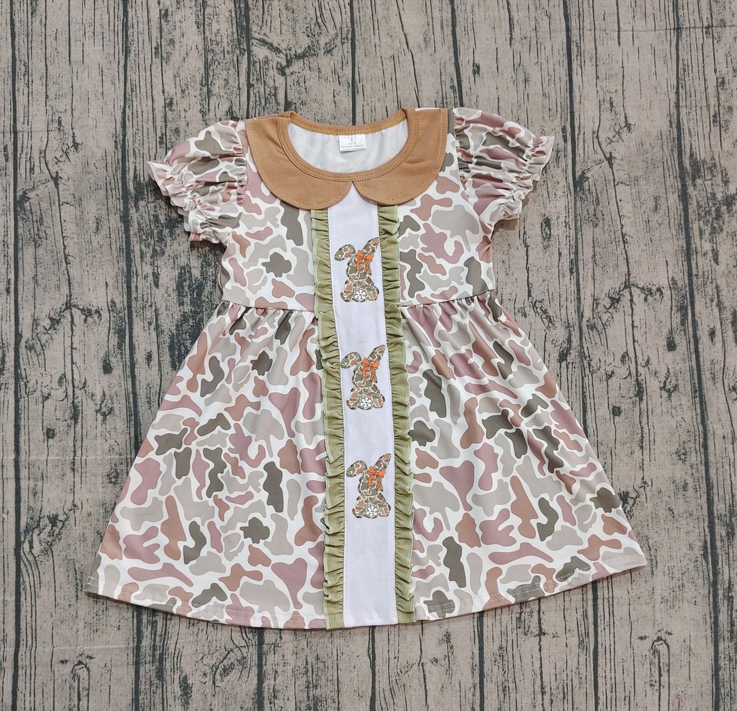 NO MOQ Preorder GSD2852 Embroidered Easter Bunny Camouflage Army Green Ruffle Doll Collar Short Sleeve Dresses for Girls 202510