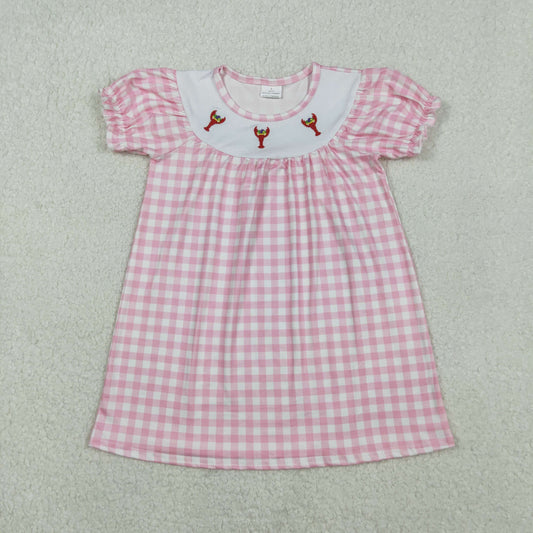 GSD2853 Embroidered Mardi Gras Crayfish Pink Plaid Short Sleeve Dresses for Girls 202511 RTS