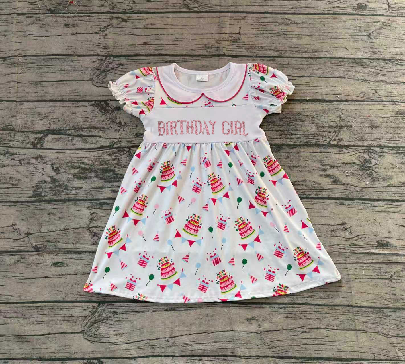 NO MOQ Preorder GSD2854 Embroidered Happy Birthday Day Doll Collar Short Sleeve Dresses for Girls 202511