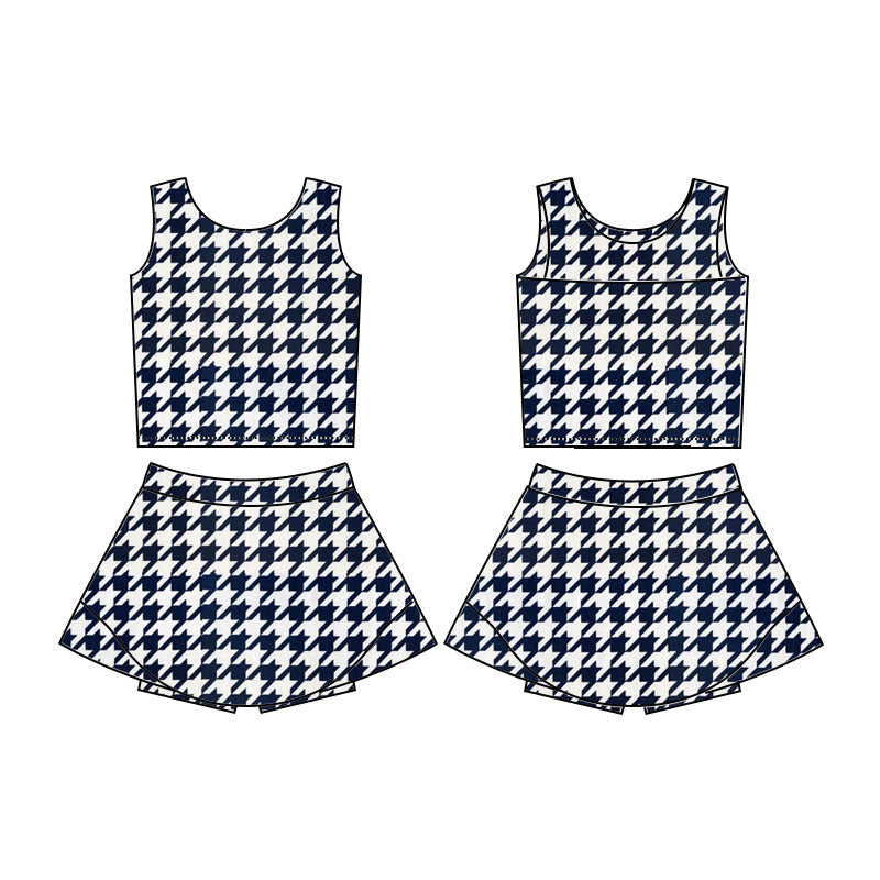 MOQ 8 preorder GSD2858 Black and White Houndstooth Sleeveless Top Skirts Girls Yoga Sets 202510