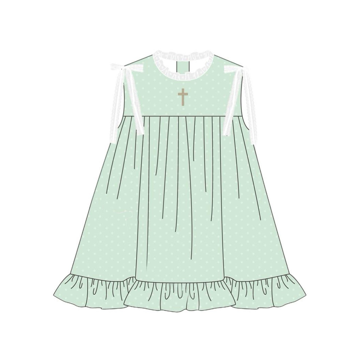 MOQ 8 Preorder GSD2860 Easter Cross White Dots Green Ruffle Sleeveless Dresses for Girls 202510