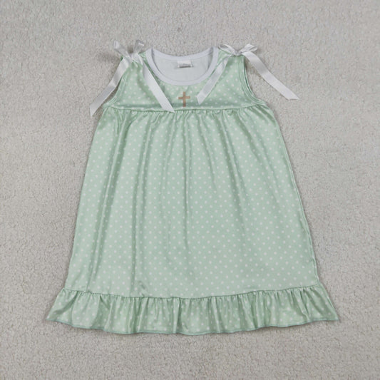 GSD2860 Easter Cross White Dots Green Ruffle Sleeveless Dresses for Girls 202603 RTS