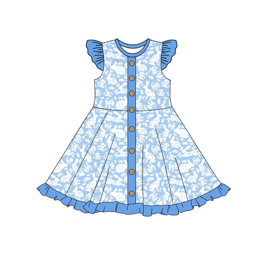 MOQ 8 Preorder GSD2862 Easter Bunny Blue Ruffle Flying Sleeve Dresses for Girls  202510