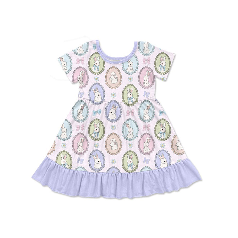 MOQ 8 Preorder GSD2863 Easter Bunny Purple Ruffle Short Sleeve Dresses for Girls 202510