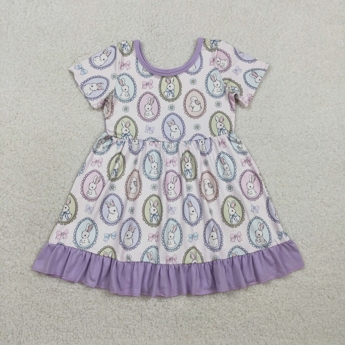 GSD2863 Easter Bunny Purple Ruffle Short Sleeve Dresses for Girls 202602 RTS