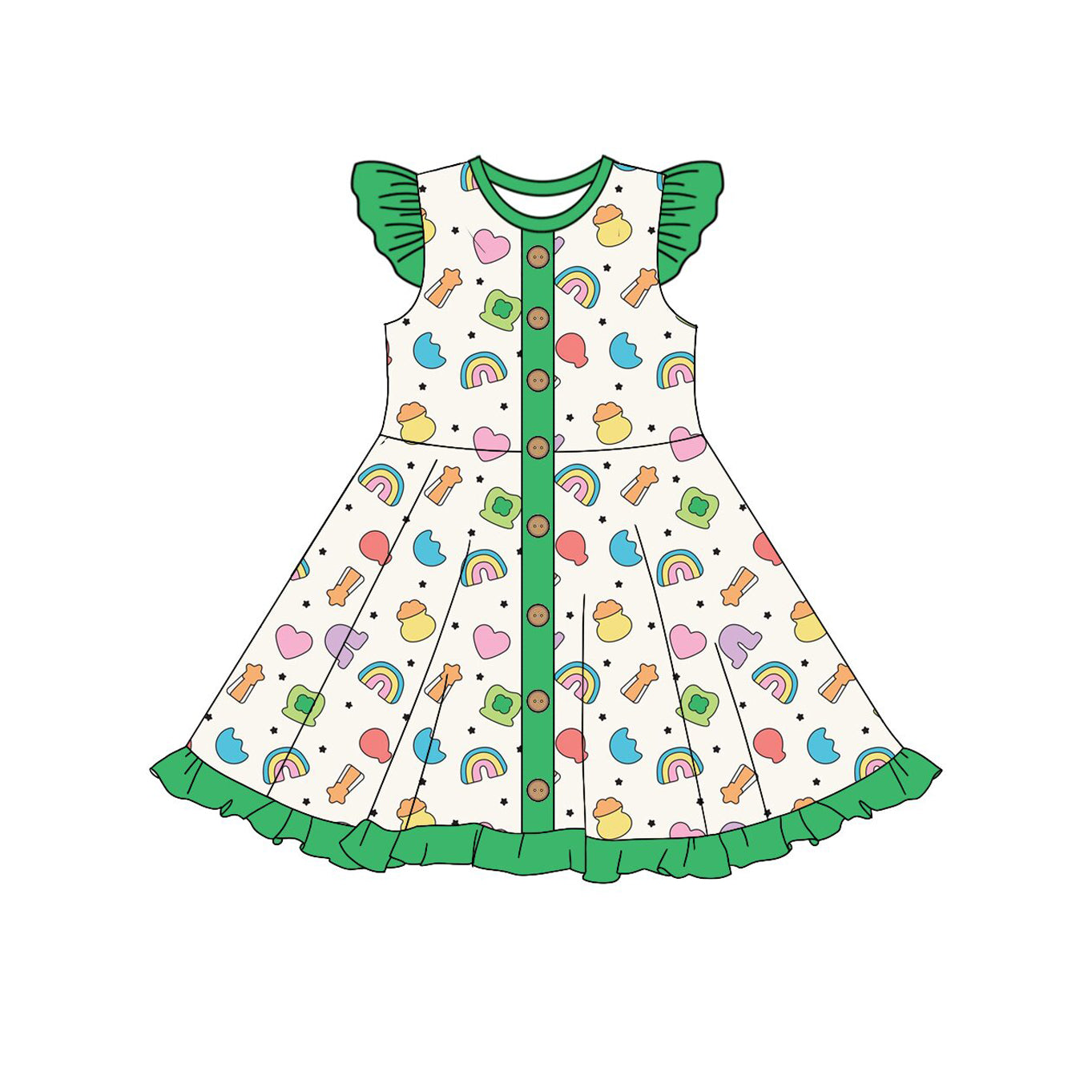 MOQ 8 Preorder GSD2864 Love Rainbow Green Ruffle Flying Sleeve Dresses for Girls  202510