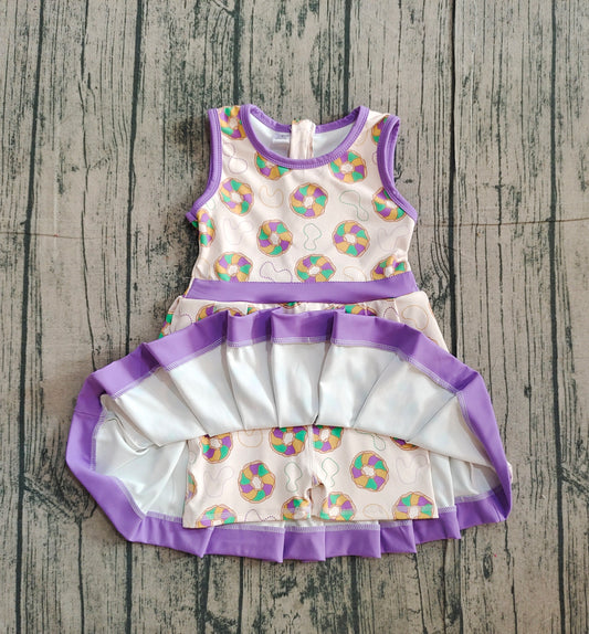 NO MOQ preorder GSD2867 Mardi Gras Donut Purple Yoga Sleeveless Dresses for Girls 202511