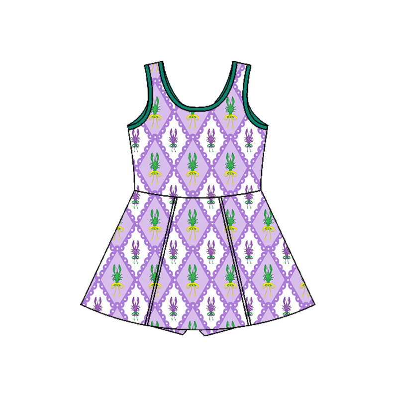 MOQ 8 preorder GSD2869 Mardi Gras Crayfish Plaid Green Purple Yoga Sleeveless Dresses for Girls 202510