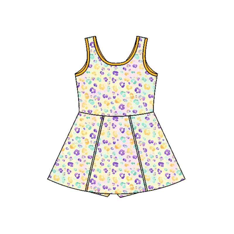 MOQ 8 preorder GSD2870 Mardi Gras Colored Leopard Yellow Yoga Sleeveless Dresses for Girls 202510