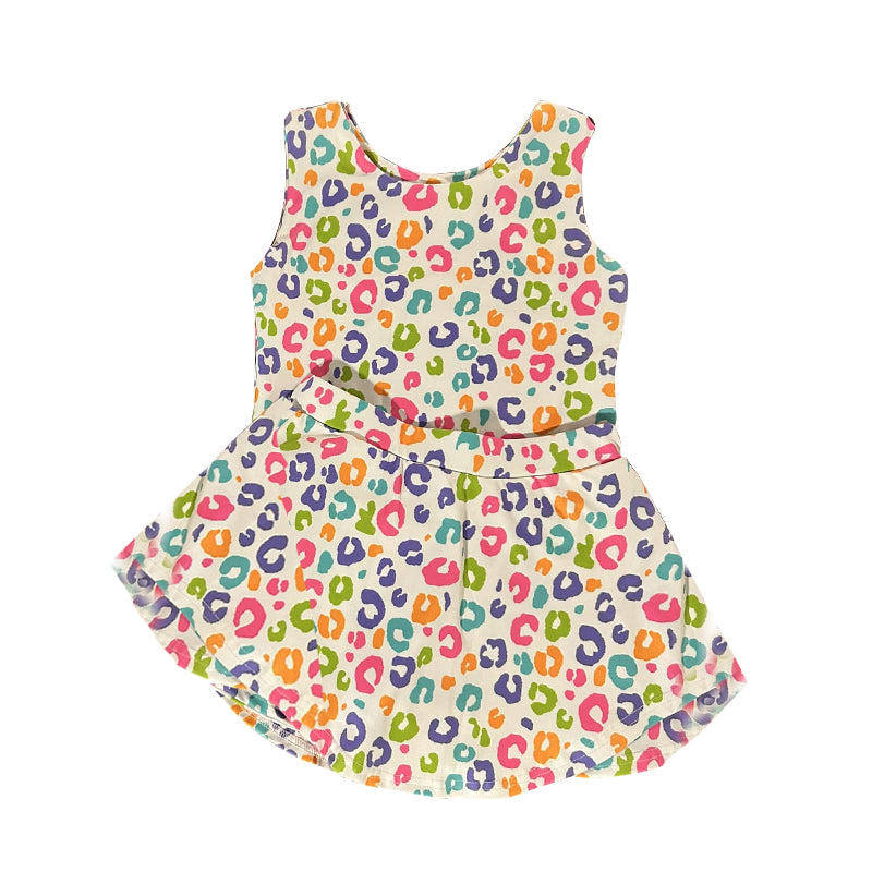 MOQ 8 preorder GSD2872 Mardi Gras Colored Leopard Sleeveless Top Skirts Girls Yoga Sets 202510