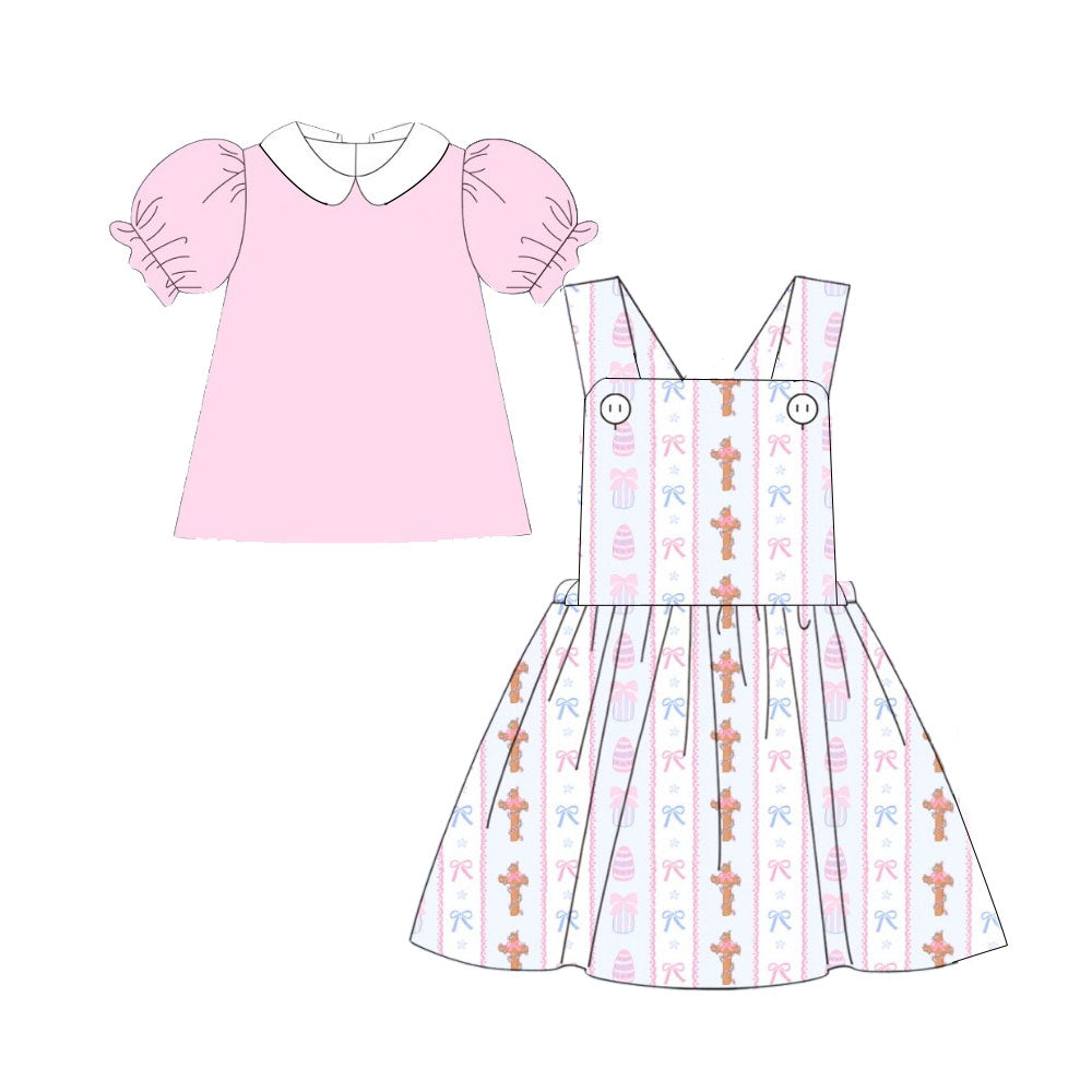 MOQ 8 Preorder GSD2879 Easter Cross Bows Stripe Pink Sleeveless Dress with Solid Pink Puff Doll Collar Short Sleeve Shirts Girls Set 202510