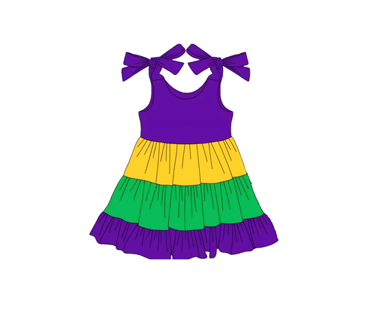 MOQ 8 Preorder GSD2888 Mardi Gras Yellow Green Purple Stripe Ruffle Halter Dresses for Girls  202510
