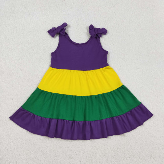 GSD2888 Mardi Gras Yellow Green Purple Stripe Ruffle Halter Dresses for Girls 202512 RTS