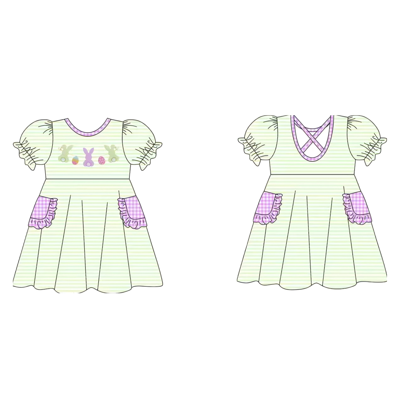MOQ 8 Preorder GSD2889 Easter Bunny Green Stripe Purple Ruffle Plaid Short Sleeve Dresses for Girls 202510
