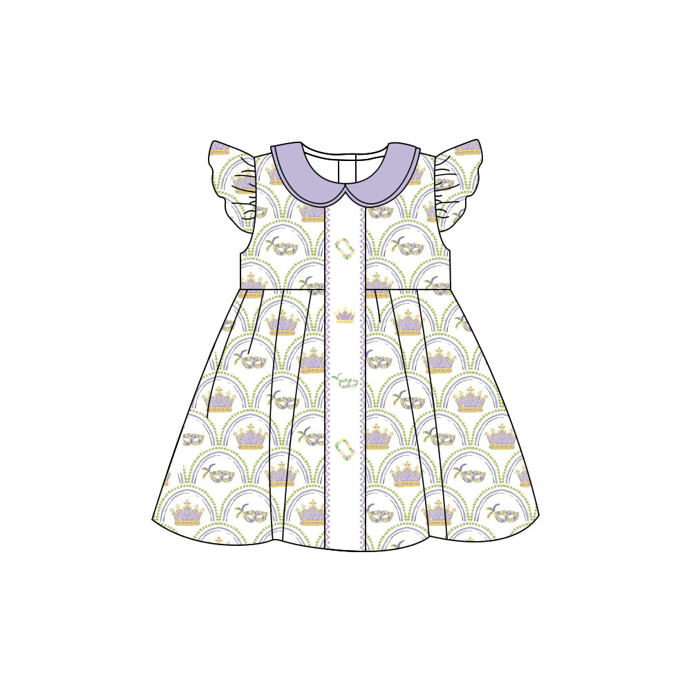 MOQ 8 Preorder GSD2891 Mardi Gras Purple Doll Collar Flying Sleeve Dresses for Girls  202510