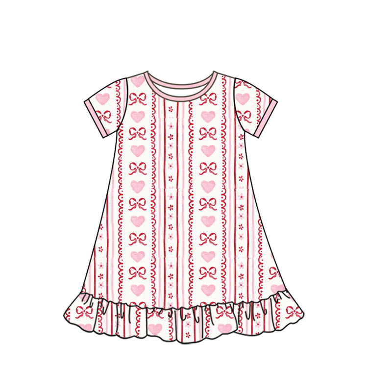 MOQ 5 Preorder GSD2898 Valentine's Day Love Bows Stripe Pink Short Sleeve Dresses for Girls 202510