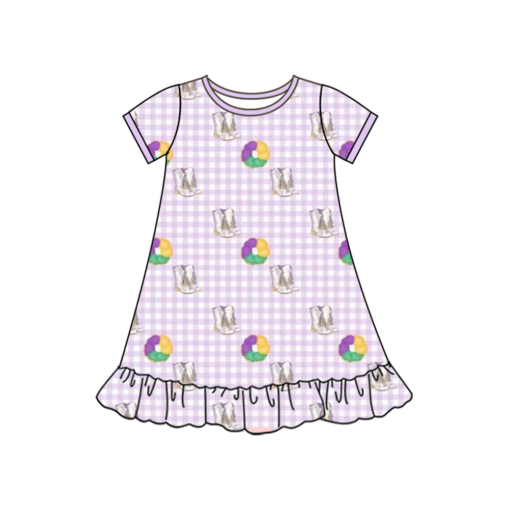 MOQ 5 Preorder GSD2900 Mardi Gras Purple Plaid Short Sleeve Dresses for Girls 202510