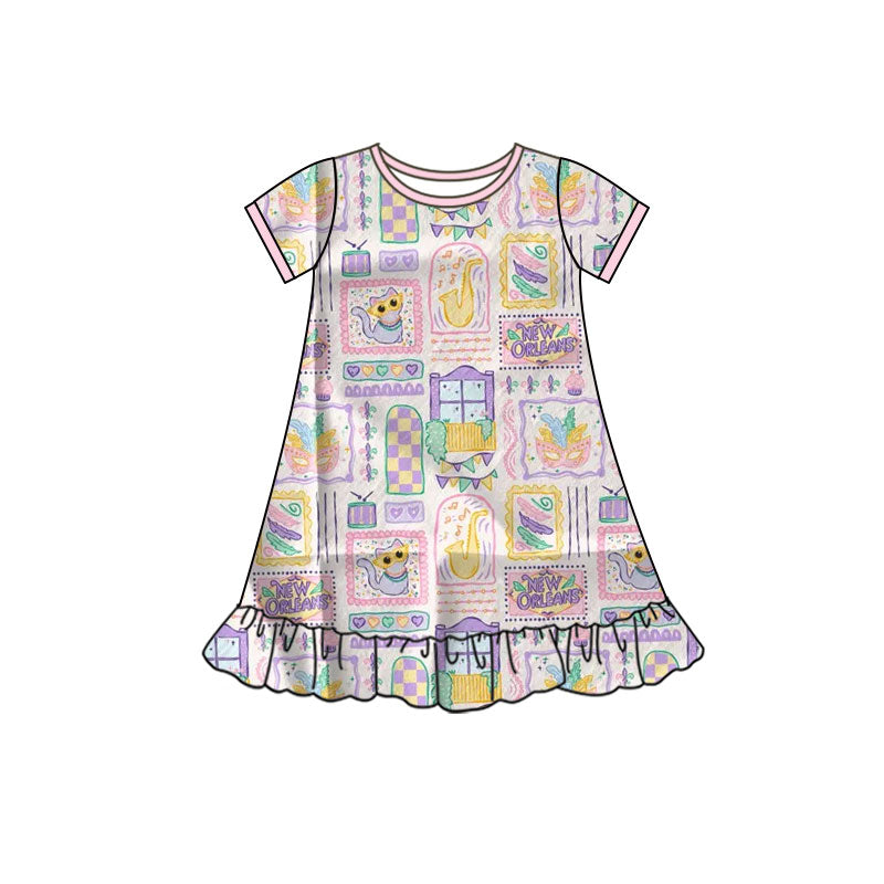 MOQ 5 Preorder GSD2901 Mardi Gras Mask Kitten Window Pink Purple Short Sleeve Dresses for Girls 202510
