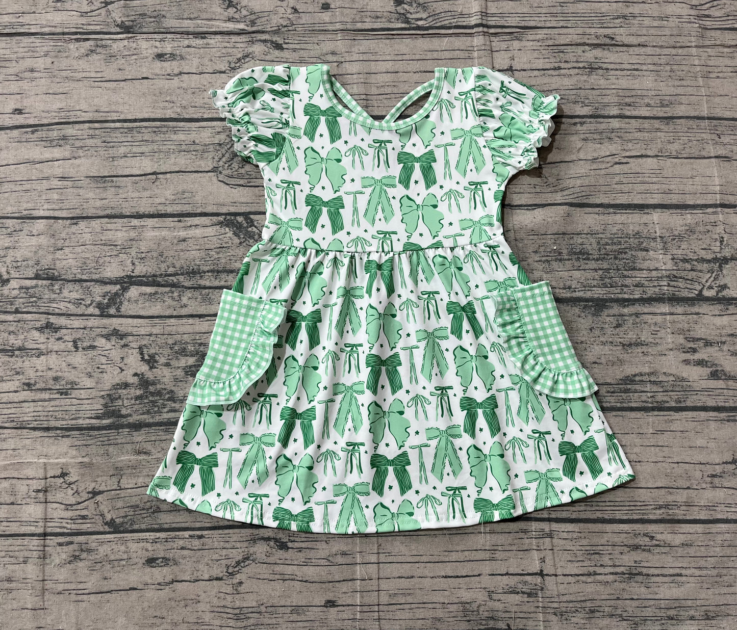NO MOQ Preorder GSD2903 St. Patrick's Day Clover Bow Pattern Green Plaid Pocket Short Sleeve Dresses for Girls 202511