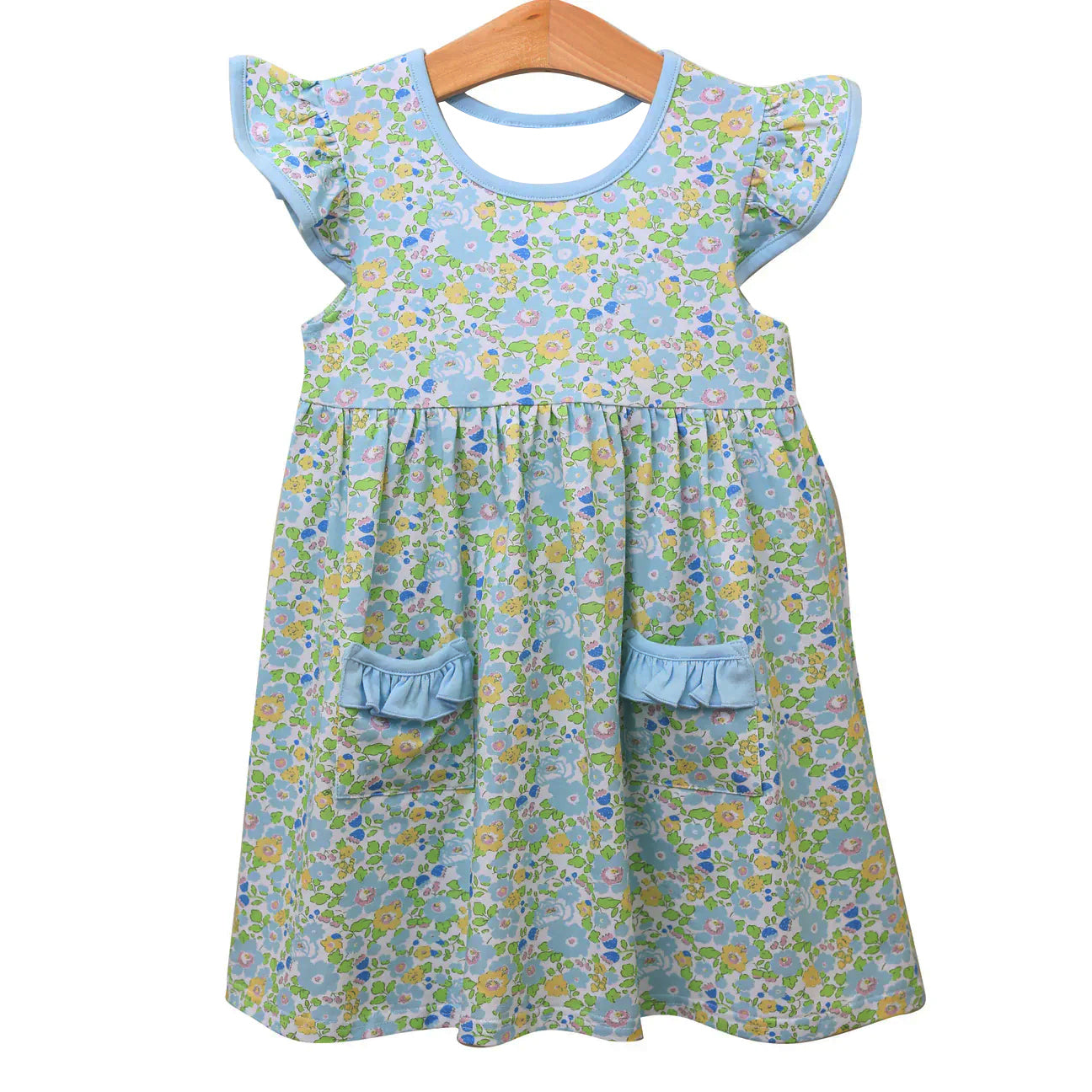 MOQ 5 Preorder GSD2910 Floral Blue Ruffle Pocket Flying Sleeve Dresses for Girls 202510