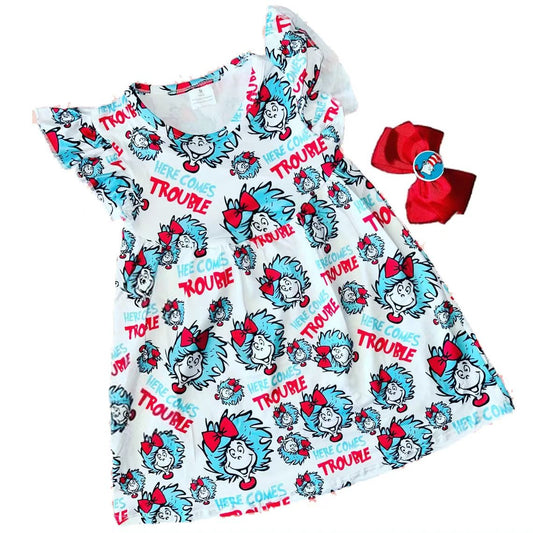 MOQ 5 Preorder GSD2911 DR Seuss Trouble Flying Sleeve Dresses for Girls 202510