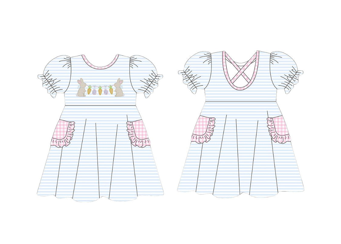 MOQ 5 Preorder GSD2912 Easter Bunny Carrot Blue Stripe Pink Plaid Ruffle Pocket Short Sleeve Dresses for Girls 202510