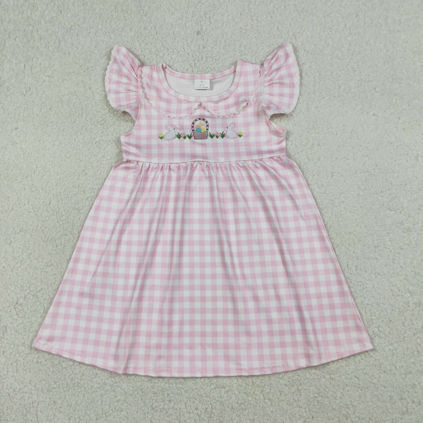 GSD2913 Embroidered Easter Bunny Eggs Pink Plaid Doll Collar Flying Sleeve Dresses for Girls 202603 RTS