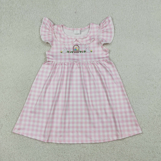 GSD2913 Embroidered Easter Bunny Eggs Pink Plaid Doll Collar Flying Sleeve Dresses for Girls 202603 RTS