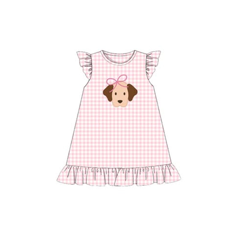 MOQ 5 Preorder GSD2914 Cute Puppy Pink Plaid Ruffle Flying Sleeve Dresses for Girls 202510