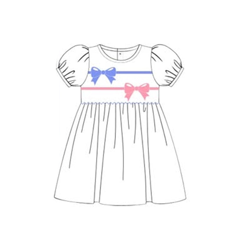 MOQ 5 Preorder GSD2915 Pink Blue Bows White Puff Short Sleeve Dresses for Girls 202510