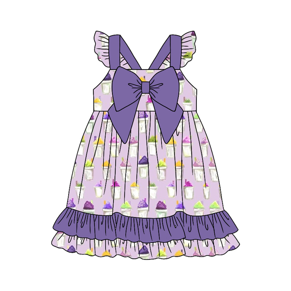 MOQ 5 Preorder GSD2930 Ice Cream Pattern Big Bow Purple Ruffle Flying Sleeve Dresses for Girls 202510