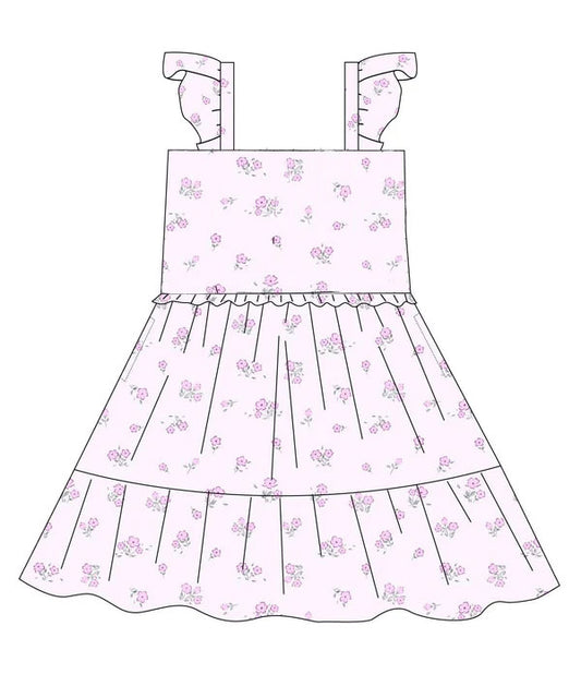 MOQ 5 Preorder GSD2931 Flower Pink Purple Ruffle Flying Sleeve Dresses for Girls 202510